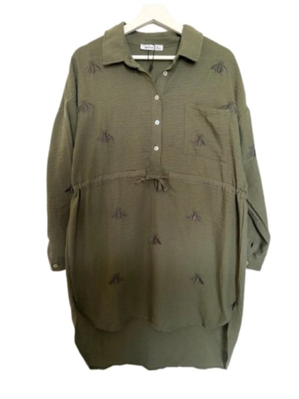Ayriss embroidered long sleeve shirt dress olive green women's size L